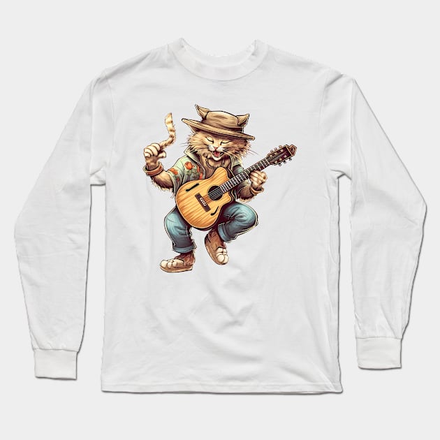 Summer Cat Dancing and Playing Guitar Long Sleeve T-Shirt by Acid_rain